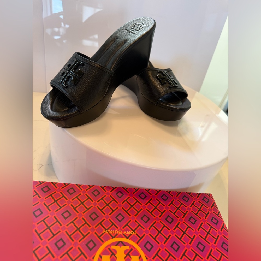 Tory Burch Black Leather Platform Slide Wedges with Logo